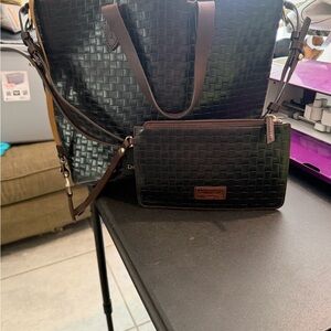 Dooney & Bourke Black Woven Leather Tote with Matching Black Wristlet